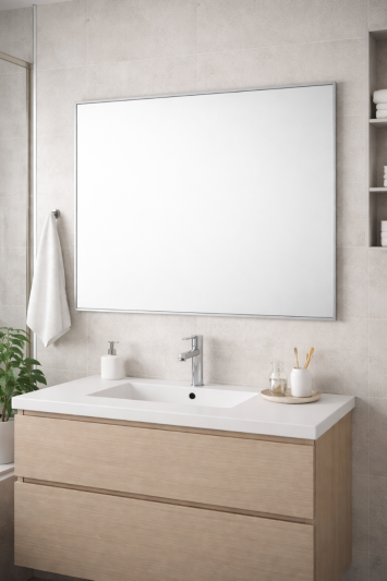 Bathroom Aluminium Metal Modern Silver Mirror 90 x 60cm – Wall Mounted Rectangular Mirror – Portrait or Landscape Hanging – Sleek Contemporary Frame