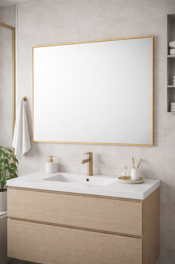 Bathroom Aluminium Metal Modern Gold Mirror 90 x 60cm – Wall Mounted Rectangular Mirror – Portrait or Landscape Hanging – Sleek Contemporary Frame