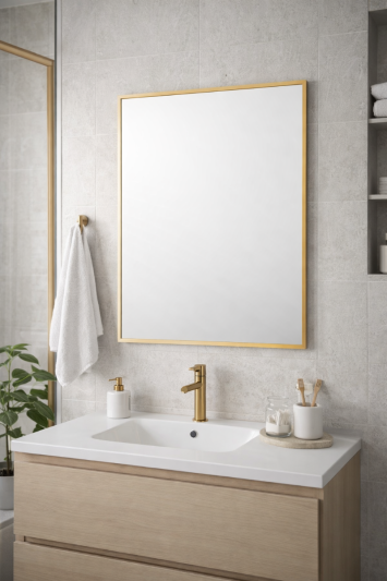 Bathroom Aluminium Metal Modern Gold Mirror 70 x 50cm – Wall Mounted Rectangular Mirror – Portrait or Landscape Hanging – Sleek Contemporary Frame
